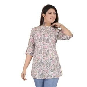 Women's 3/4 Sleeves Mandarin Collar Rayon Printed Short Kurti Kurta