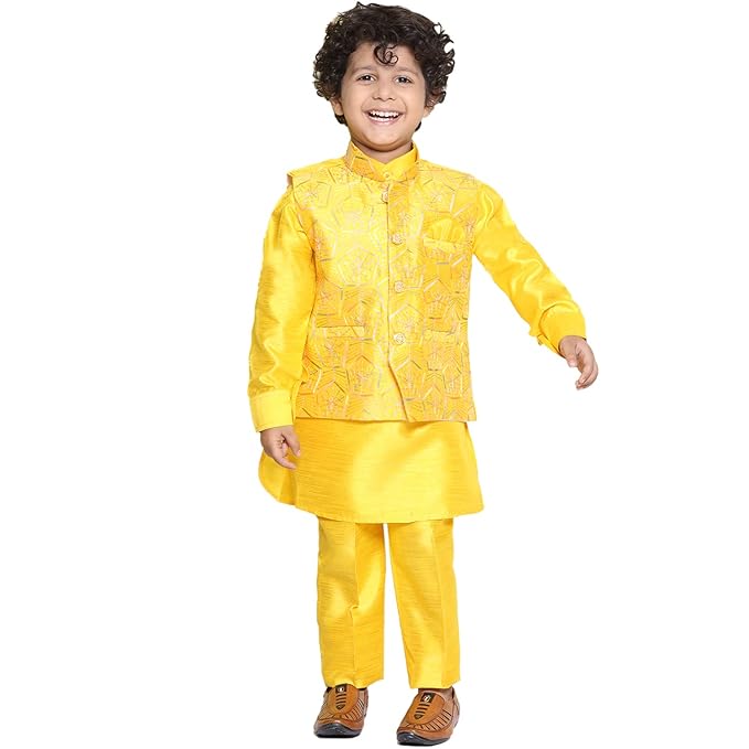 Kids Raw Silk Embroidered 3Pc Kurta Pyjama Set For Boys