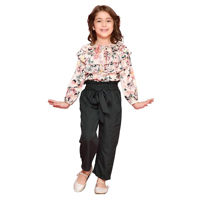 Girls' Polycotton Floral Print Frilled Top with Trouser Set (Beige & Green)