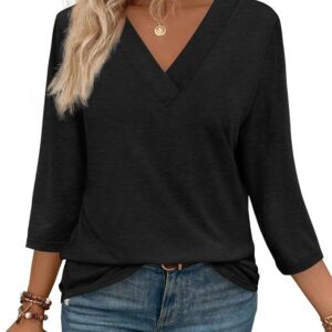 3/4 Length Sleeve Womens Tops V Neck Casual Tunic Tops Basic Shirts Loose Fit Blouse