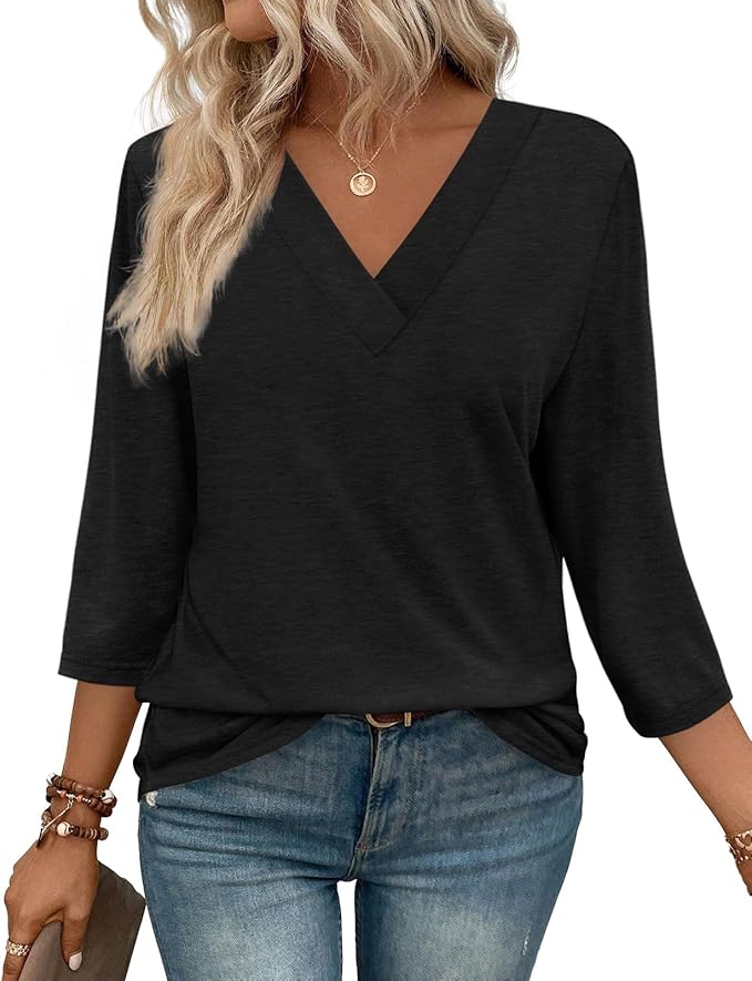 3/4 Length Sleeve Womens Tops V Neck Casual Tunic Tops Basic Shirts Loose Fit Blouse