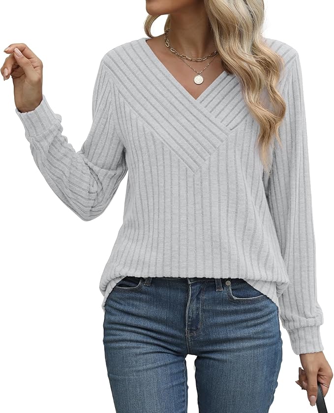 Women Long Sleeve Tunic Tops V Neck Casual Blouses Dressy Loose Fit Shirt Wear