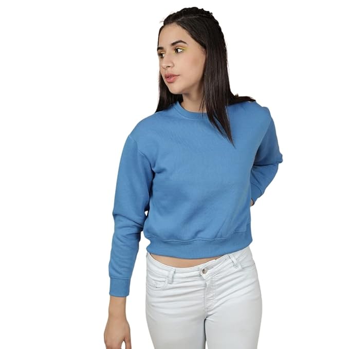 Women Regular Fit Solid Crop Overhead Crewneck Sweatshirt
