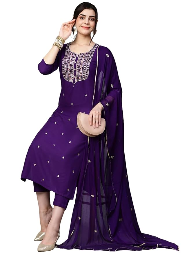 Cotton Blend Embroidered Straight Kurta with Pant & Dupatta