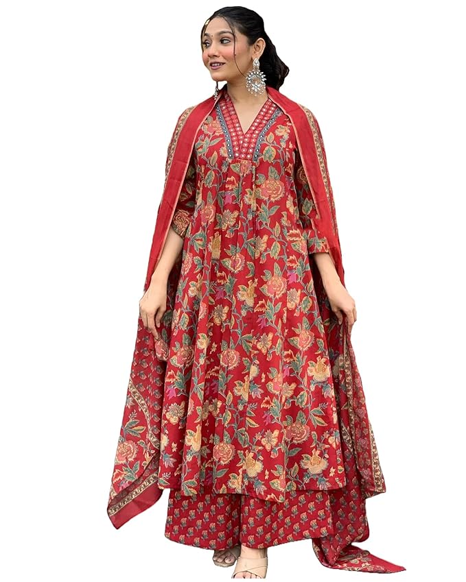 Women's Rayon Blend Anarkali Printed Kurta with Palazzo & Dupatta