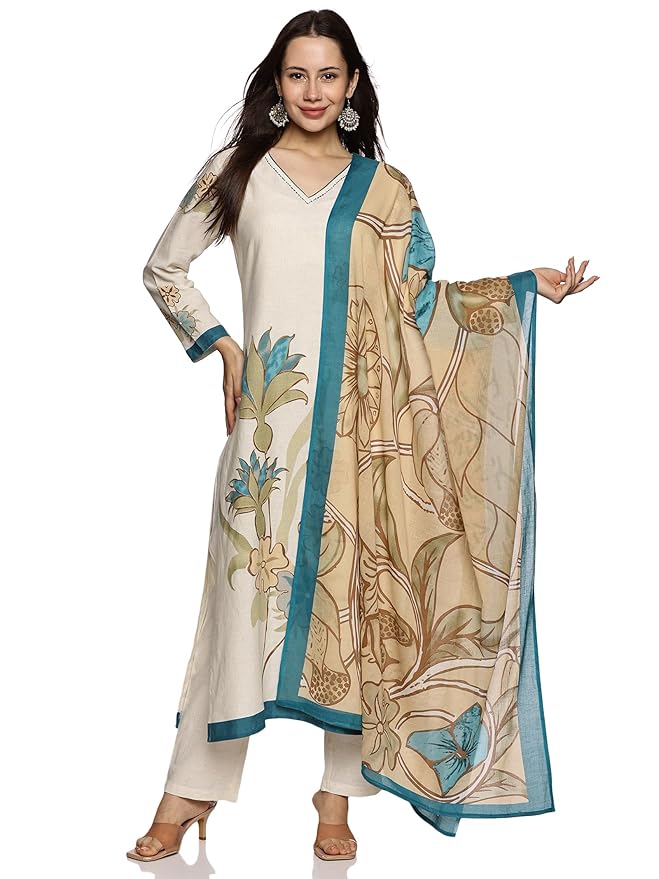 Women's Cotton Hand Block Printed with Thread Work Straight Kurta Pant with Dupatta Set